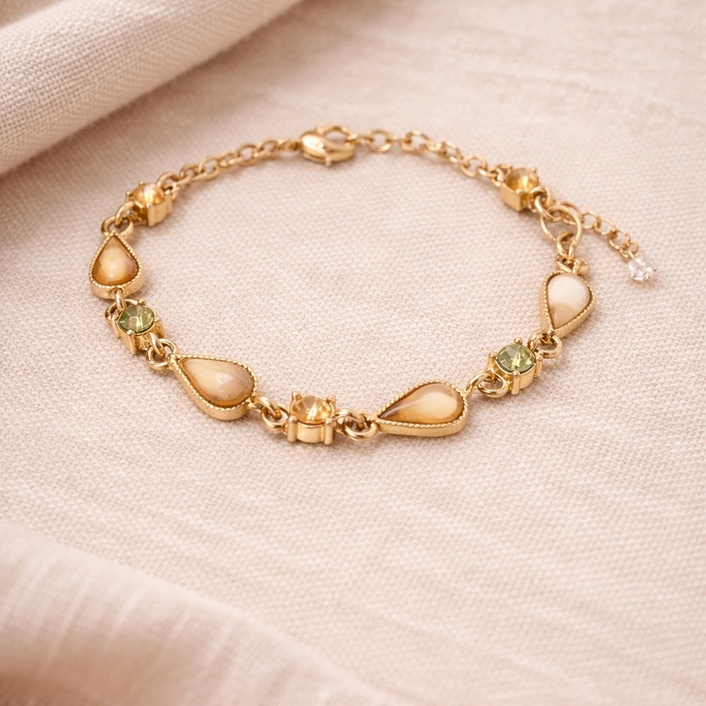 Delicate Gold Tone Gemstone Bracelet | Amber & Peridot Green | Adjustable 6–7”